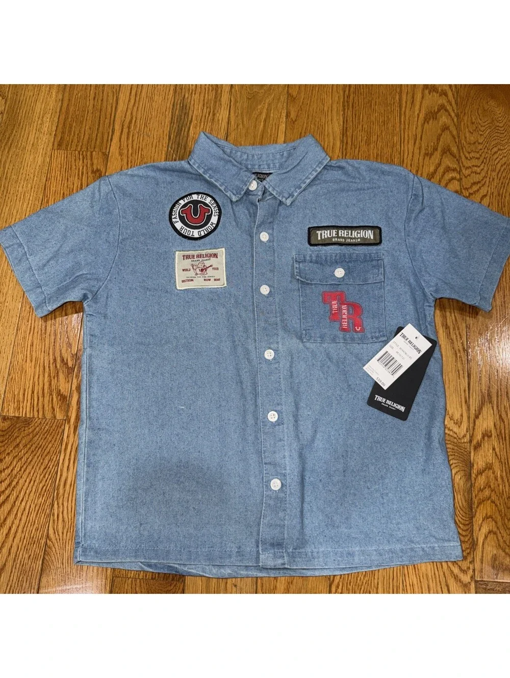 Size M (10/12 ) Boys True Religion Shirt Blue Chambray Denim Patch Button Up